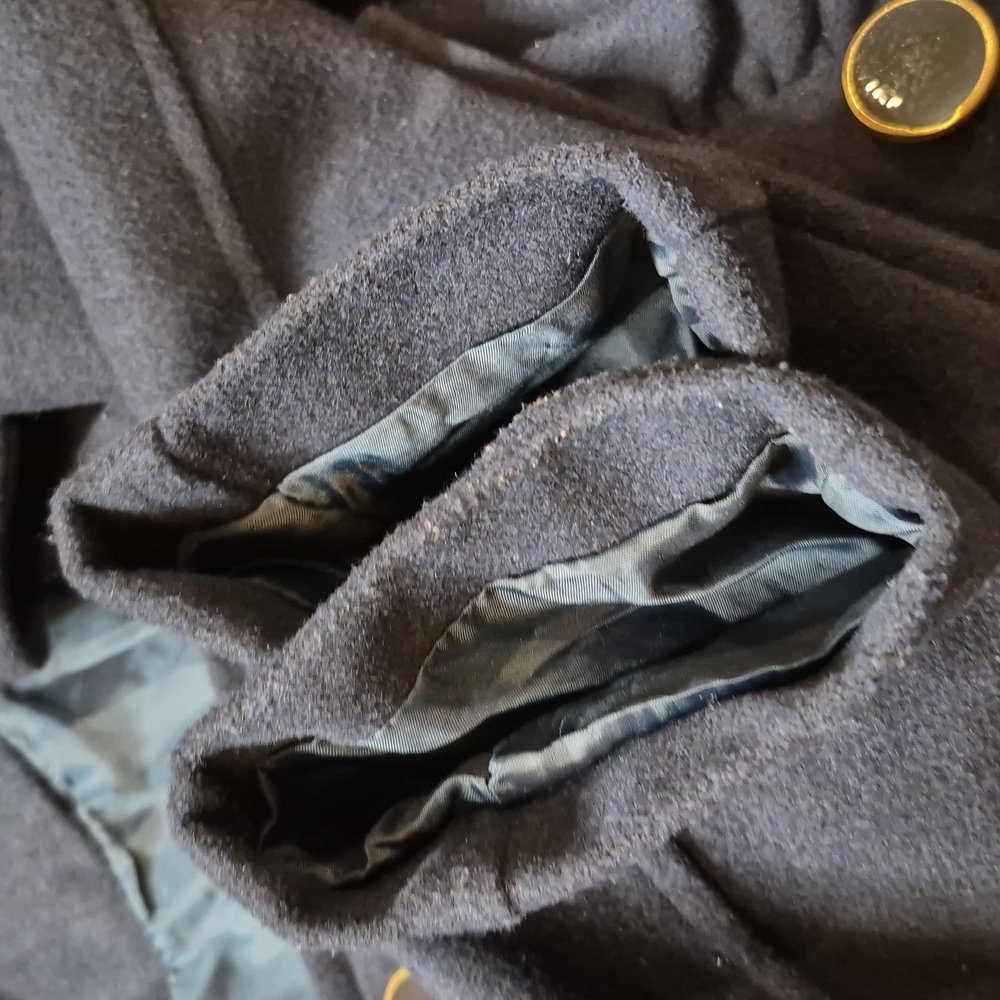 Say What? Navy Blue Ruffle Detail Puff Sleeve Wool Blend Lined Midi Coat, XS - Picture 8 of 11